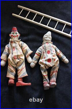 2 Antique Schoenhut Clown with Ladder and chair, toy block Humpty Dumpty Circus