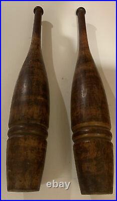 2 Primitive Antique Indian Exercise Juggling Circus Wooden Pins Clubs 22.5