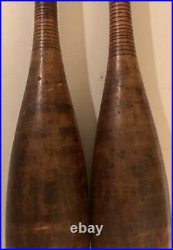 2 Primitive Antique Indian Exercise Juggling Circus Wooden Pins Clubs 22.5