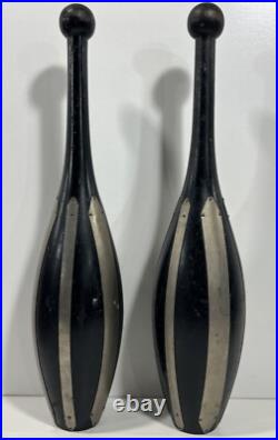 2 Vintage 19th Century Antique Wood Circus Juggling Pins Black & Metal Stripes