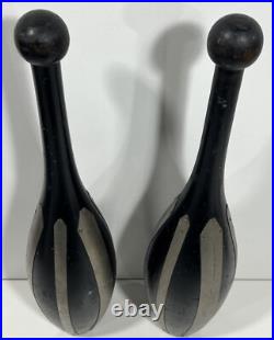 2 Vintage 19th Century Antique Wood Circus Juggling Pins Black & Metal Stripes