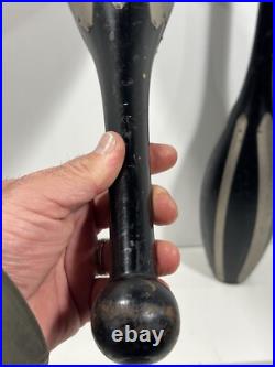 2 Vintage 19th Century Antique Wood Circus Juggling Pins Black & Metal Stripes