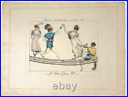3 ANTIQUE Le Bon Genre Hand Colored Prints Tightrope Circus, Dancing Poodles