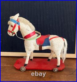 ANTIQUE 9 handmade German Circus Horse felt wood PULL TOY West Germany