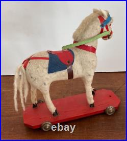 ANTIQUE 9 handmade German Circus Horse felt wood PULL TOY West Germany