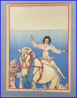 ANTIQUE CIRCUS BLANK POSTER woman, clown & horse by Forrest Freeland