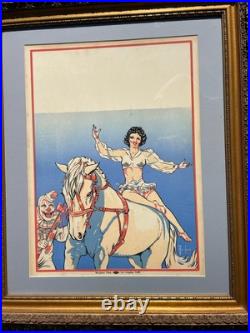 ANTIQUE CIRCUS BLANK POSTER woman, clown & horse by Forrest Freeland