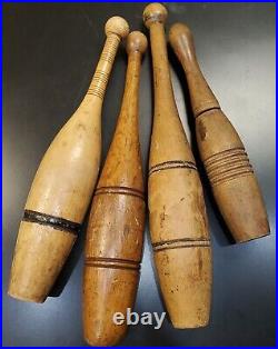 ANTIQUE PRIMITIVE 1800S CIRCUS CARNIVAL CARVED WOOD JUGGLING PINS tuvi