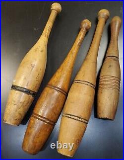 ANTIQUE PRIMITIVE 1800S CIRCUS CARNIVAL CARVED WOOD JUGGLING PINS tuvi