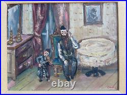 ANTIQUE Painting Impressionism JEWISH JUDAICA MUSICIAN INTERIOR PORTRAIT MYSTERY