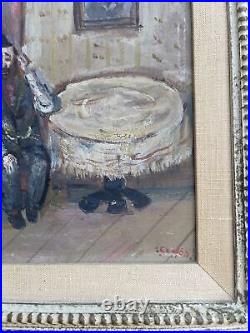 ANTIQUE Painting Impressionism JEWISH JUDAICA MUSICIAN INTERIOR PORTRAIT MYSTERY