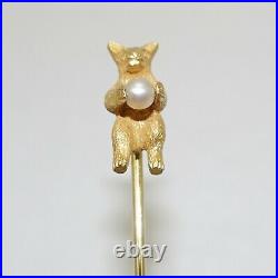 Antique 14k Solid Gold Circus Bear Cultured Pearl Ball Cravat Stick Pin 3.1 Gr