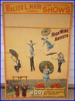 Antique 1890s 1910 Walter L Main Circus Poster HIGH WIRE ARTISTS ORIGINAL