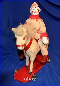Antique 9 Schoenhut Scary German Clown, Riding Vtg Pull Toy West German Horse
