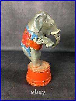 Antique A. C. Williams Cast Iron Enamel Penny Bank Elephant Clown Circus Set