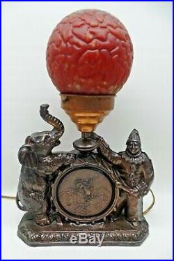 Antique Art Deco Bronze Color Circus Lamp with Clown, Drum, Elephant and Balloon