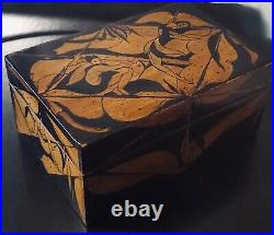 Antique Art Nouveau Wooden Box w Lid & Hand Painted Harlequin trapezists 1920's