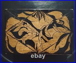 Antique Art Nouveau Wooden Box w Lid & Hand Painted Harlequin trapezists 1920's