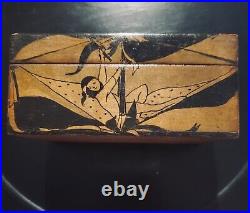 Antique Art Nouveau Wooden Box w Lid & Hand Painted Harlequin trapezists 1920's