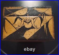 Antique Art Nouveau Wooden Box w Lid & Hand Painted Harlequin trapezists 1920's