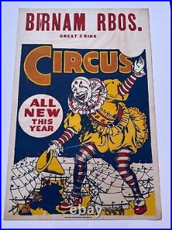Antique Birnam Bros Poster Circus Clown Rare 42 Inches Large Performers Old