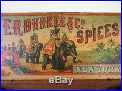 Antique Box, Spice DURKEE'S CINNAMON Wood, Original Circus Labels, 16 x 8 x 4