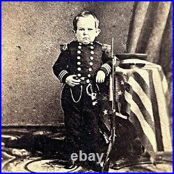 Antique CDV Photograph Little Person Commodore Foote Circus Military Gun Flag