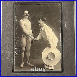 Antique Cabinet Card Photograph Clown Meets Acrobat Strong Man Broadway NY