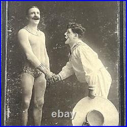 Antique Cabinet Card Photograph Clown Meets Acrobat Strong Man Broadway NY