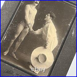 Antique Cabinet Card Photograph Clown Meets Acrobat Strong Man Broadway NY