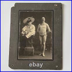 Antique Cabinet Card Photograph Clown Meets Acrobat Strong Man Broadway NY