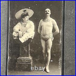 Antique Cabinet Card Photograph Clown Meets Acrobat Strong Man Broadway NY