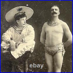 Antique Cabinet Card Photograph Clown Meets Acrobat Strong Man Broadway NY