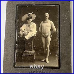 Antique Cabinet Card Photograph Clown Meets Acrobat Strong Man Broadway NY