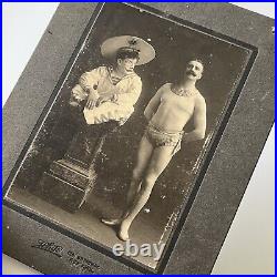 Antique Cabinet Card Photograph Clown Meets Acrobat Strong Man Broadway NY