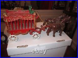 Antique Cast Iron Overland Circus Dual Horses And Cart Heavy 16 Long