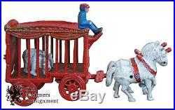 Antique Cast Iron Red Kenton Overland Circus Wagon Cage with Polar Bear Driver Toy