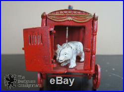 Antique Cast Iron Red Kenton Overland Circus Wagon Cage with Polar Bear Driver Toy
