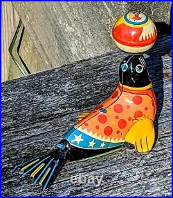 Antique Colorful Circus Seal withTin Ball Tin Toy Friction WORKS 100% Original
