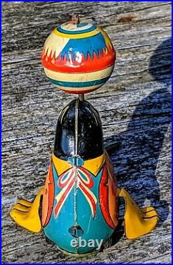 Antique Colorful Circus Seal withTin Ball Tin Toy Friction WORKS 100% Original