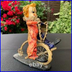 Antique Early Paper Mache Circus Clown on Wire Penny Farthing Figurine 1900's