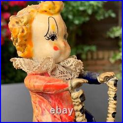 Antique Early Paper Mache Circus Clown on Wire Penny Farthing Figurine 1900's