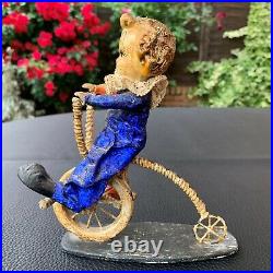 Antique Early Paper Mache Circus Clown on Wire Penny Farthing Figurine 1900's