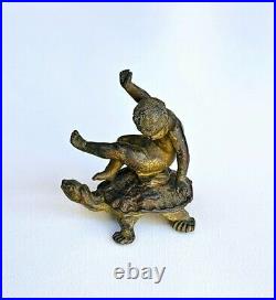 Antique Figurine Cherub Boy on a Turtle Lead Gilt 19th century France