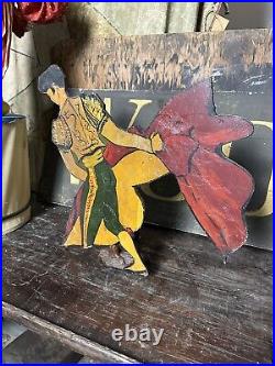 Antique Folk Art Western Bullfighter Sign Advertising Farmhouse Country Cowboy