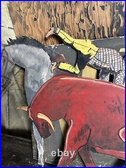 Antique Folk Art Western Rodeo Sign Advertising Farmhouse Country Cowboy