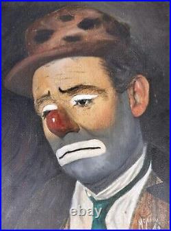 Antique Framed Clown Emmett Kelly Oil Painting On Board Carnival Circus 1949