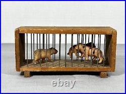 Antique German Celluloid Zoo Circus Animals Wood & Wire Cage Leopards Bear