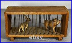 Antique German Zoo Circus Celluloid Animals Wood & Wire Cage Lion Antelope