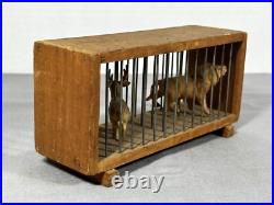 Antique German Zoo Circus Celluloid Animals Wood & Wire Cage Lion Antelope
